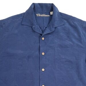 CARIBBEAN Men's Large Blue Tonal Palm Leaf Jacquard 66%Modal Blend Camp Shirt L